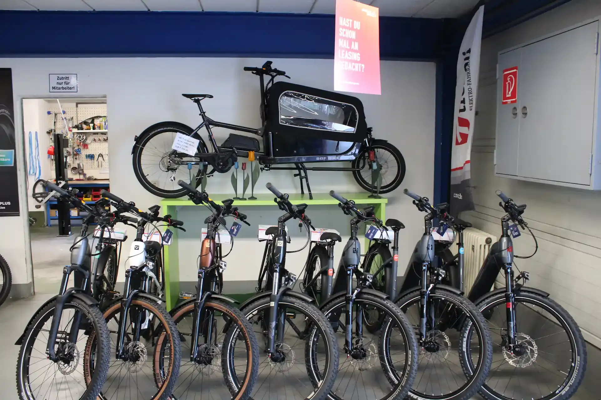 Lasten-E-Bike und E-Mountainbikes an der Ausstellungswand bei AuFa