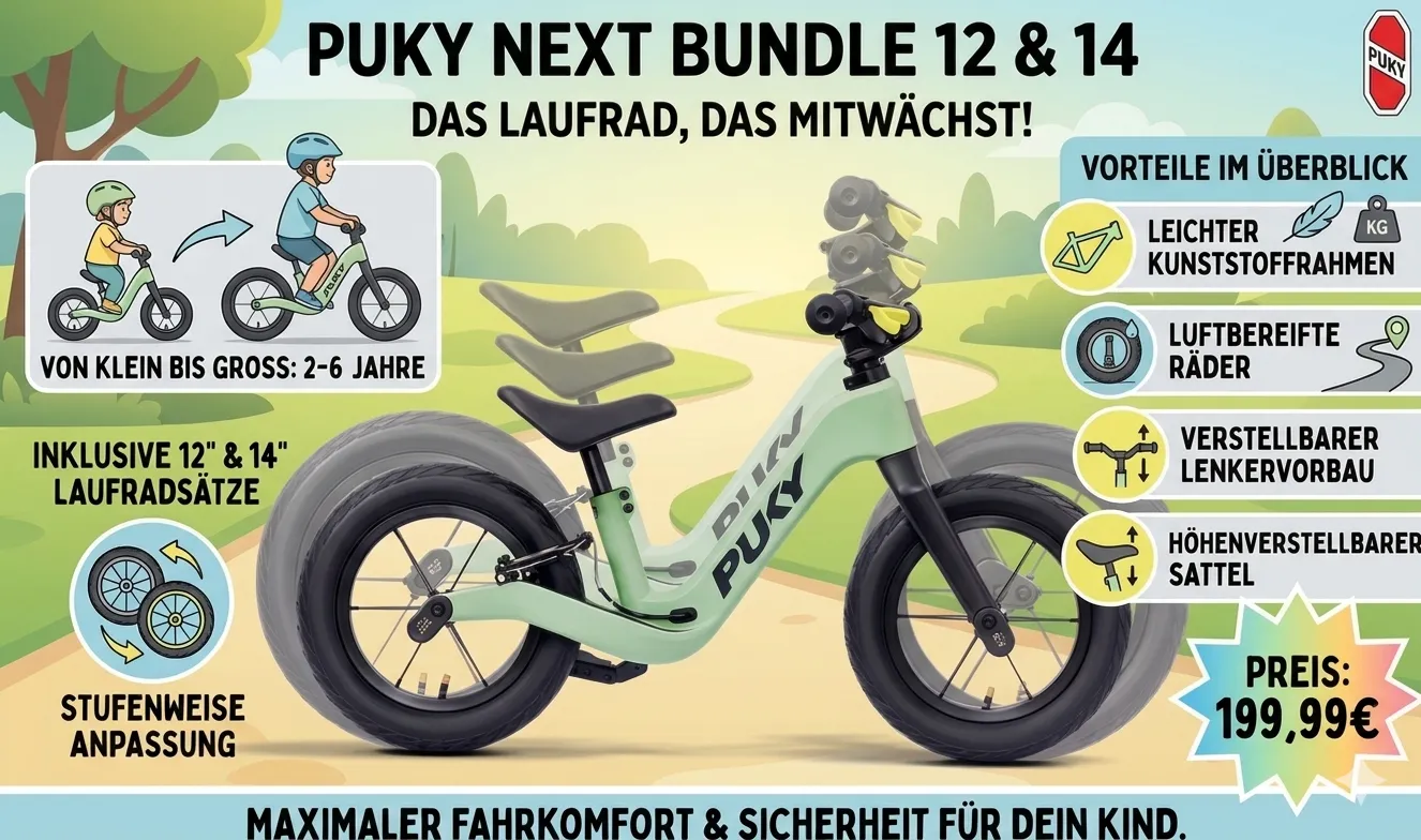 Puky Next Bundle 12 & 14 – das Laufrad, das mitwächst. Für Kinder von 2 bis 6 Jahren, inklusive 12-Zoll- und 14-Zoll-Laufradsatz. Leichter Kunststoffrahmen, luftbereifte Räder, verstellbarer Lenkervorbau und höhenverstellbarer Sattel. Preis: 199,99 €.
